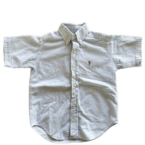 Ralph Lauren Seersucker Button Down Shirt Embroidered Logo Striped Blue White 4 - Picture 1 of 4